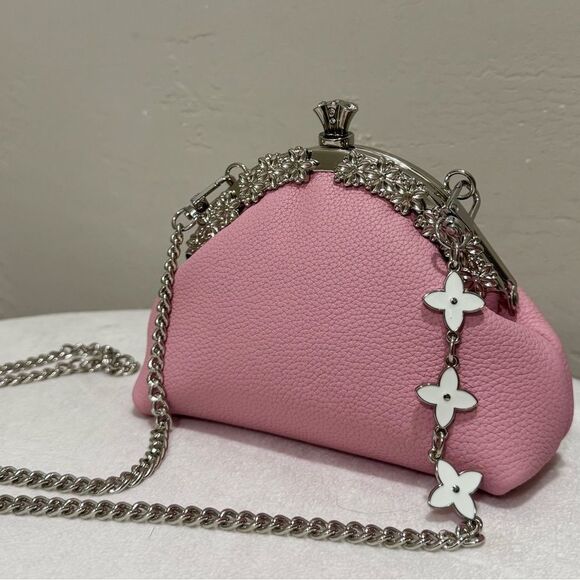 Laurie's Collection Handbags - Pink Togo Calfskin Handmade Unique Kisslock Clutch, Wristlet, Crossbody